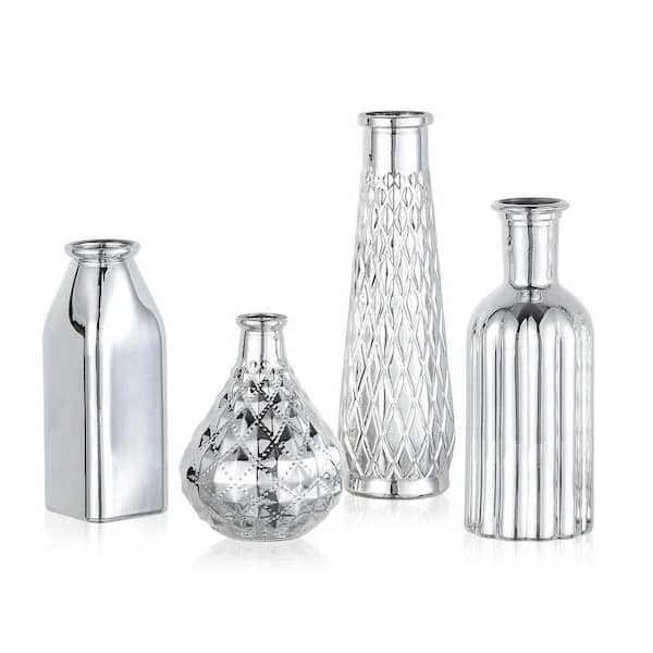 7.6 in. 4-Piece Bottle Silver Glass Small Flower Vases Set, Modern Decor for Table and Home Centerpieces ENHD30941