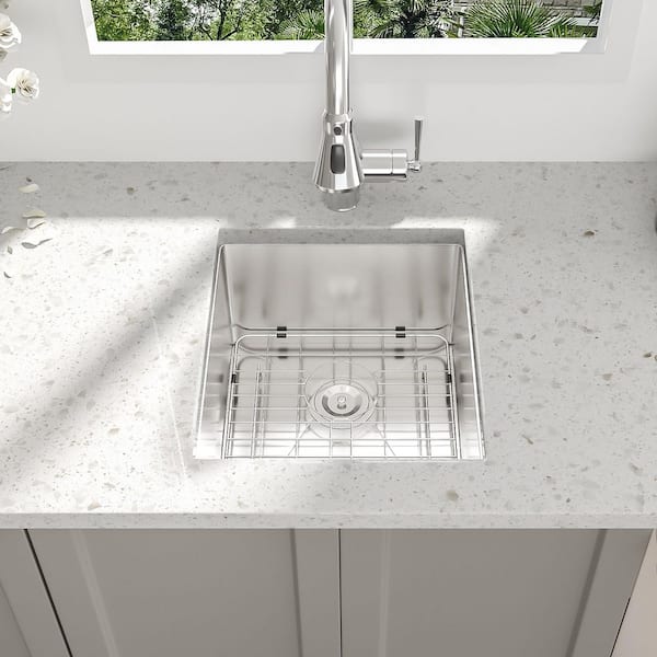 Dueyeeri 15 in. Undermount Single Bowl 16-Gauge Brushed Nickel Stainless Steel Kitchen Sink with Bottom Grids
