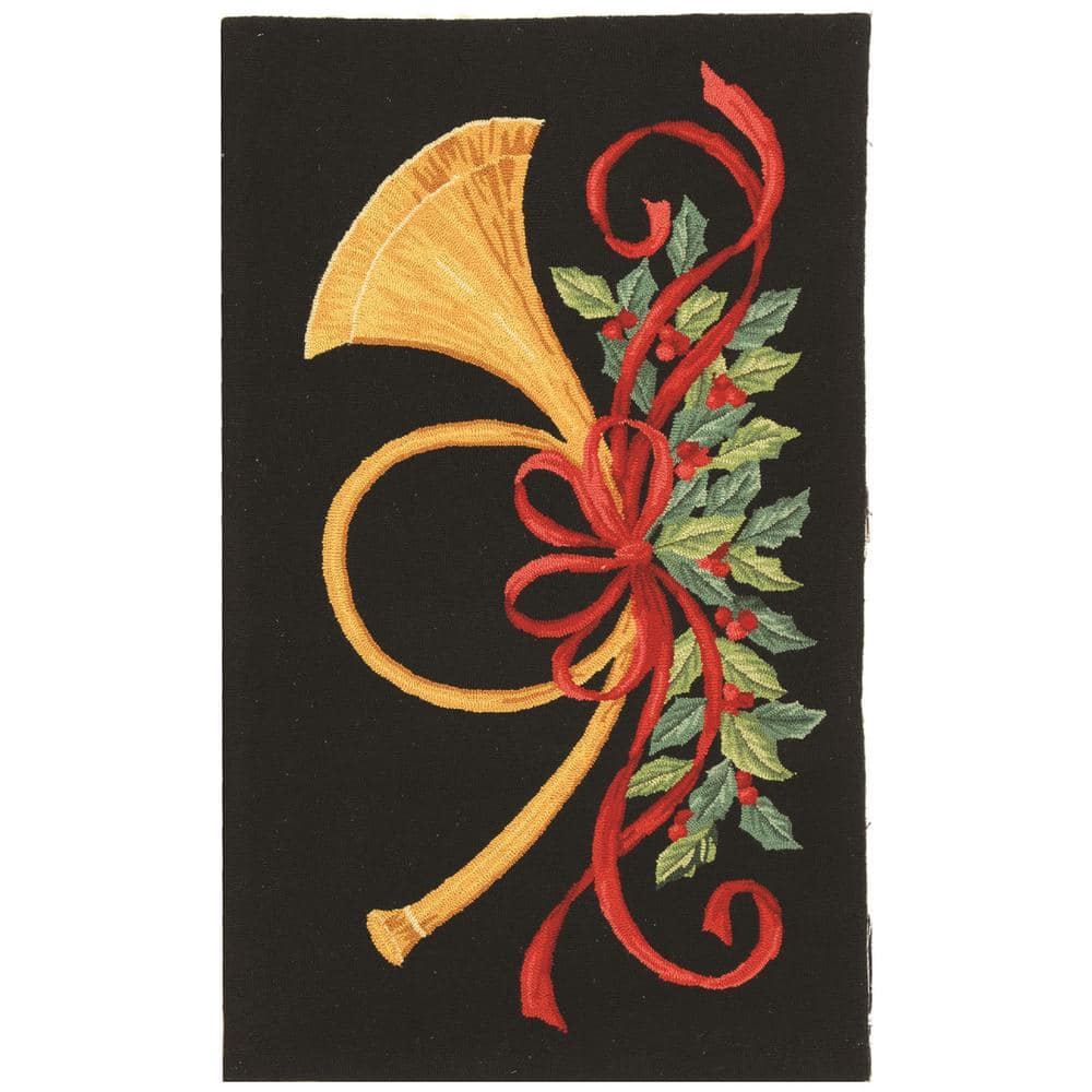 Vintage Black Wool Hand-Hooked Rectangular Area Rug