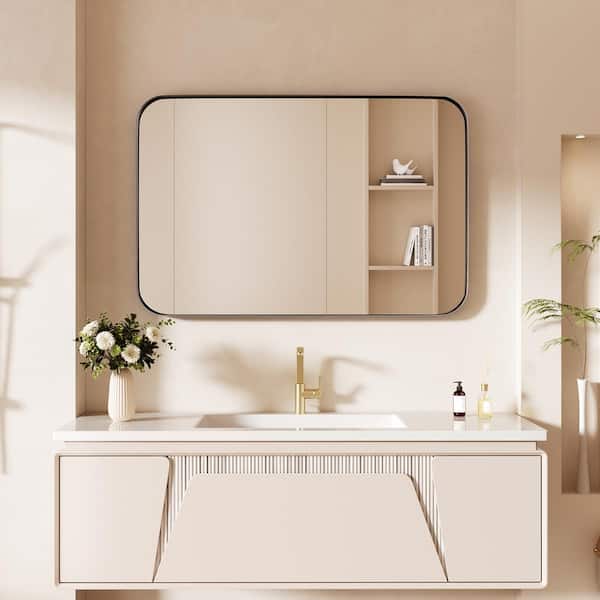 HOMEIBRO 24 in. W x 36 in. H Tempered Glass Rectangular Framed Wall-Mounted Bathroom Vanity Mirror in Black
