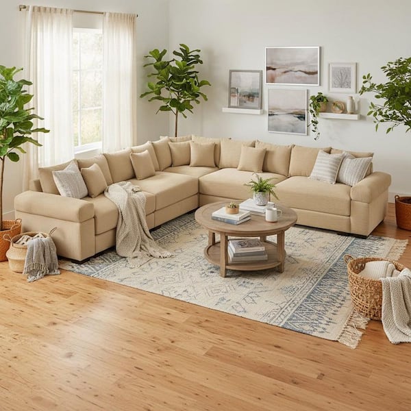 RSTDLM 154.6 in. Straight Arm 5-Piece Corduroy Modular Sectional Sofa with Ergonomic Design in Soft Ivory