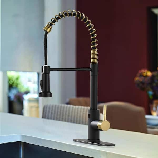 Single-Handle 2-Spray Pull-Down High-Arc Touch Kitchen Faucet with Deck Plate in BlackandGold