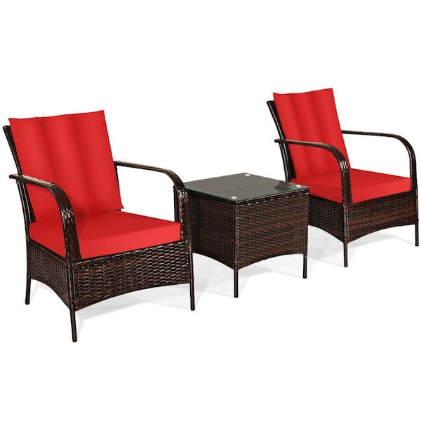 WELLFOR 3-Piece Wicker Patio Conversation Set with Red Cushion