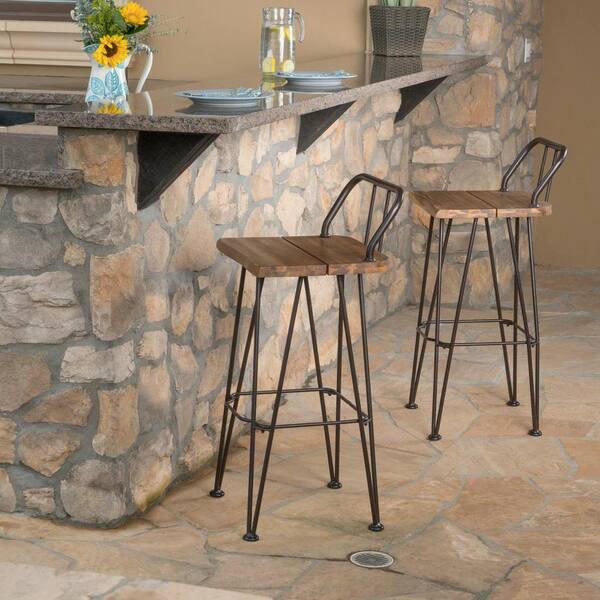 Brown Acacia Wood Outdoor Bar Stool Set of 2 for Patio Backyard Garden