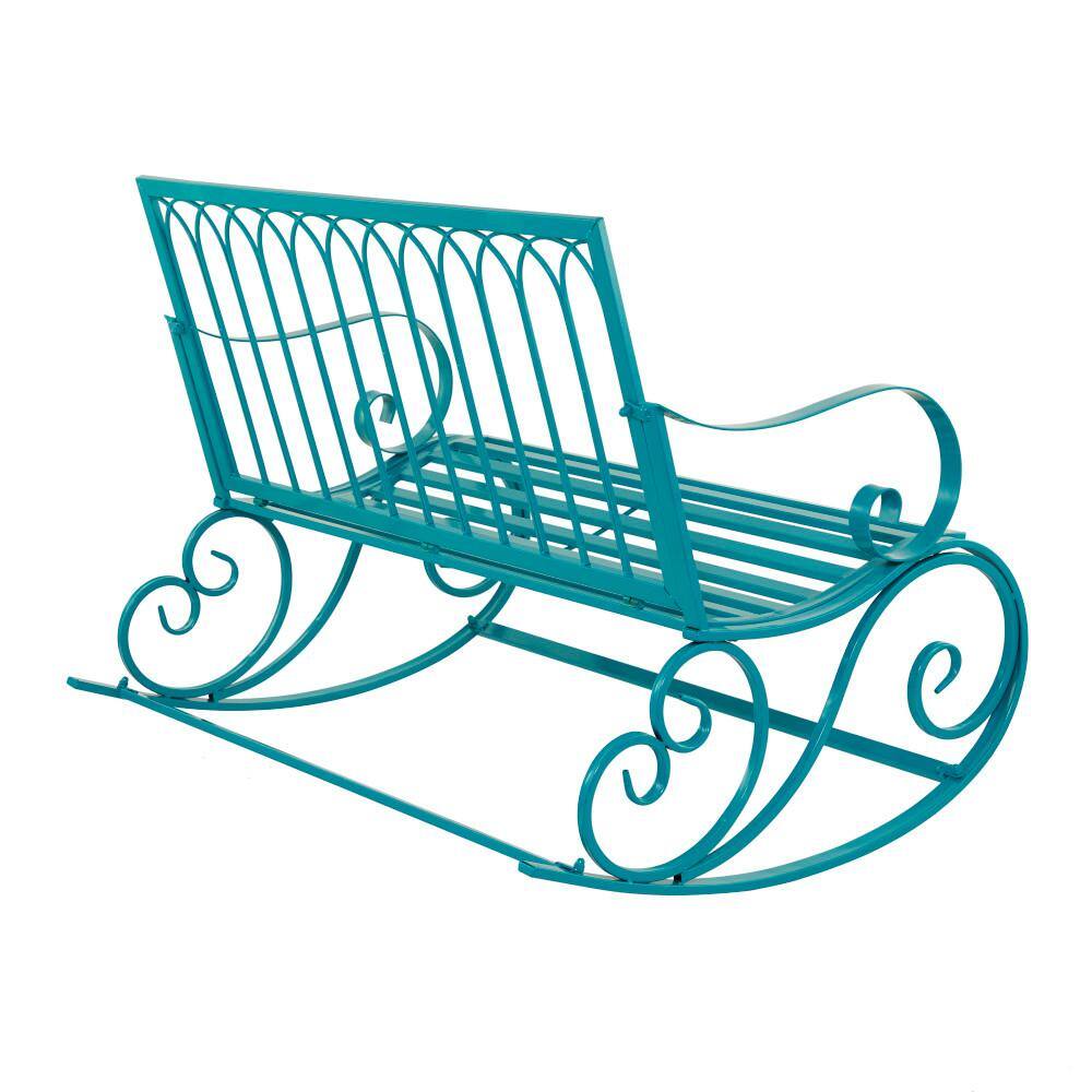 Teal Metal Rocking Outdoor Bench with Scrolled Armrests