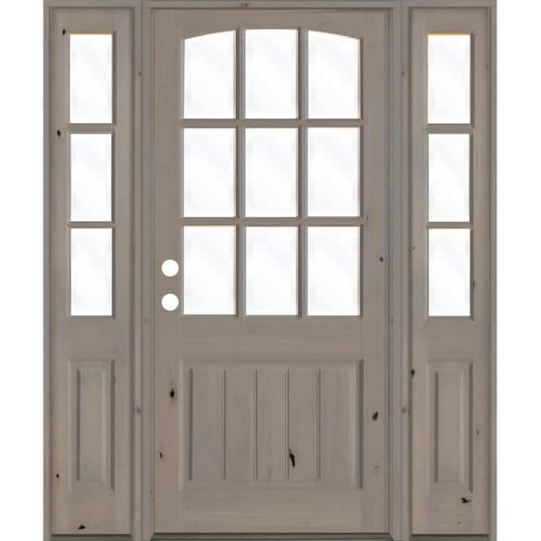 Krosswood Doors 70 in. x 96 in. Knotty Alder Right-Hand/Inswing 9-Lite Clear Glass Grey Stain Wood Prehung Front Door with Sidelites