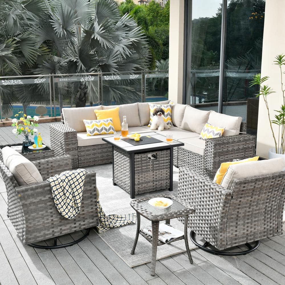 HOOOWOOO Crater Grey 9-Piece Wicker Outdoor Patio Fire Pit Conversation Sofa Set with Swivel Rocking Chairs and Beige Cushions