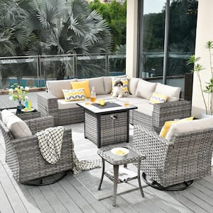 Crater Grey 10-Piece Wicker Outdoor Patio Fire Pit Conversation Sofa Set with Swivel Rocking Chairs and Beige Cushions