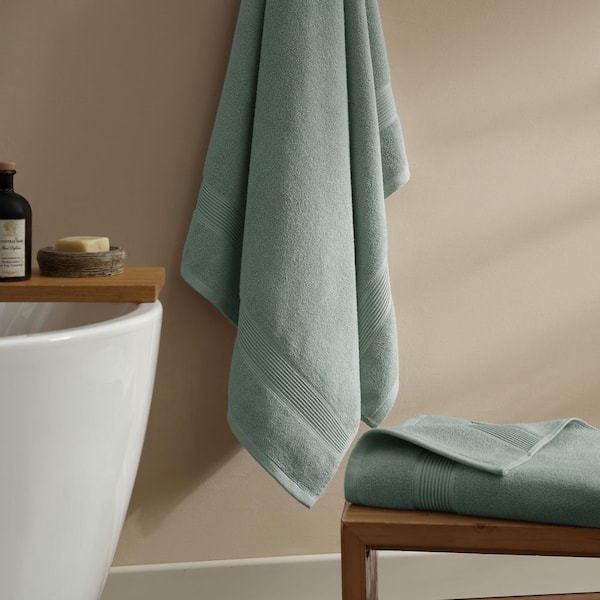 Felicity 2-PC Sage Solid Color Striped Dobby Border Anti-Microbial Supima Cotton Bath Towel Set
