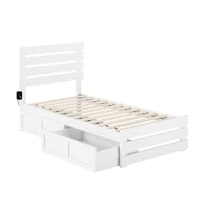 Oxford White Twin Solid Wood Storage Platform Bed with Footboard and USB Turbo Charger with 2 Drawers