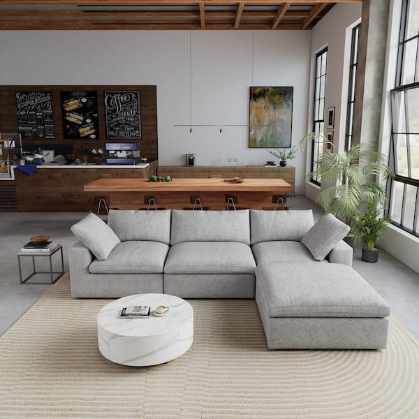 118.02 in. Square Arm Linen L-Shaped Down Sofa with Storage Ottoman, Removable Covers For Living Room in Gray