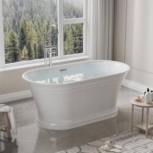 59 in. Oval Pure Virgin Acrylic Flatbottom Freestanding Soaking Bathtub in White with Drain and Overflow Included