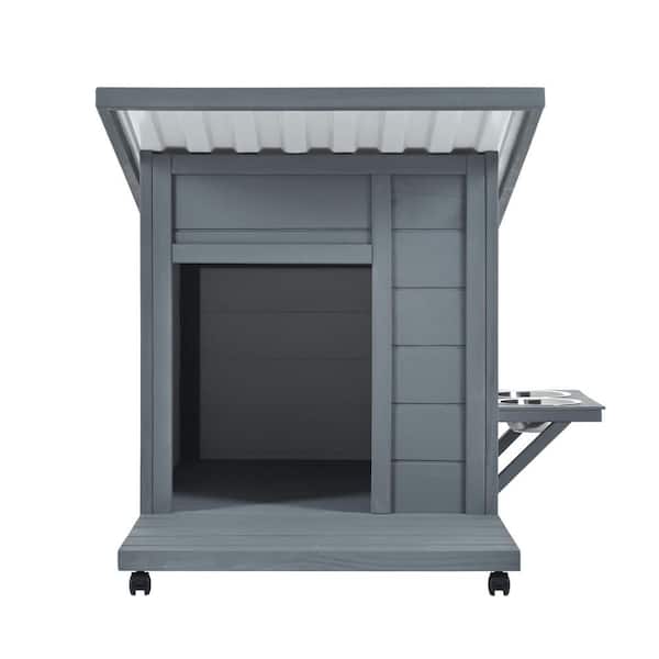 Outdoor Dog House with Food Bowl/4 Swivel Wheels for Small to Medium Dog in Grey