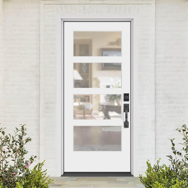 Performance Door System 36 in. x 80 in. VG 4-Lite Left-Hand Inswing Clear White Smooth Fiberglass Prehung Front Door