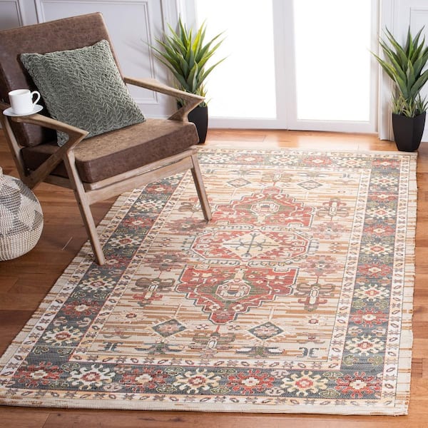 Saffron 8 ft. x 10 ft. Beige/Red Geometric Medallion Border Area Rug