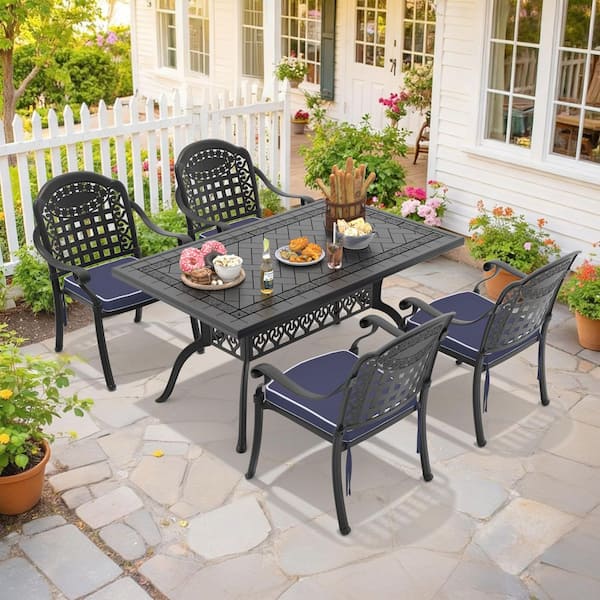 Black 5-Piece Rust-Free Cast Aluminum Outdoor Dining Set with Rectangular Table, 4 Dining Chairs and Blue Cushions