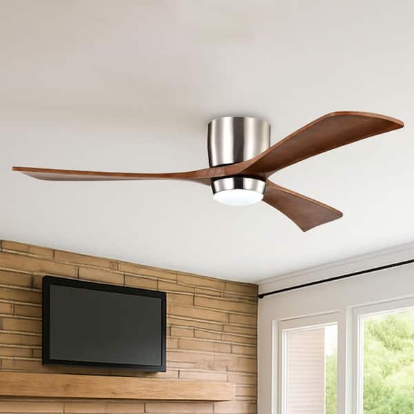 52 in. Integrated LED Indoor Flush Mount Brushed Nickel/Walnut Standard Ceiling Fan with Light and Remote 6-Speed