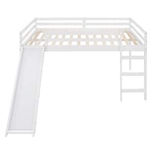 White Full Size Low House Loft Bed with Convertible Slide and Ladder, Wooden Full Kids Loft Bed Frame with House Roof