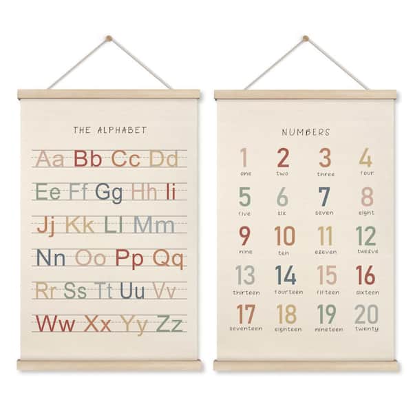 2-Piece 16 in. x 24 in. Alphabet and Number Poster Wall Art Hanger with Wooden Frame for Toddler Playroom, Natural