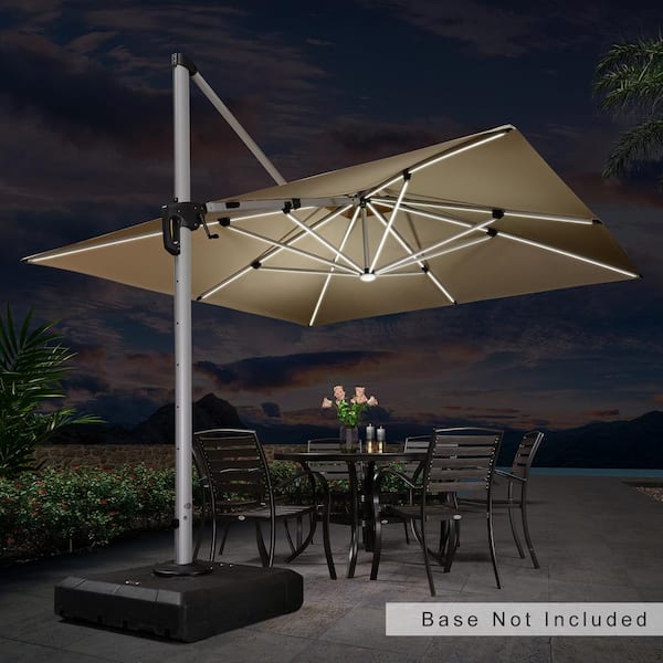 PURPLE LEAF 11 ft. Square Solar Powered LED Patio Umbrella Outdoor Cantilever Umbrella Heavy-Duty Sun Umbrella in Beige
