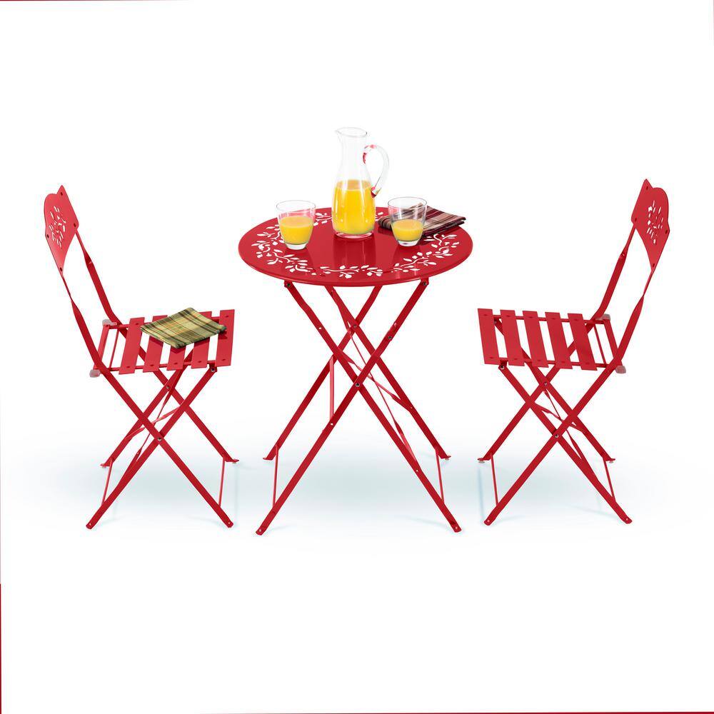 Red Elegance 3-Piece Metal Bistro Set with Intricate Leaf Design
