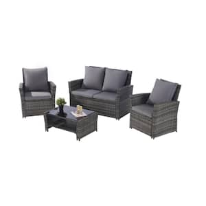 4-Piece Gray Wicker Patio Conversation Set with Gray Cushions, Tempered Glass Coffee Table