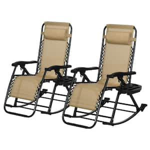 2-Pieces Metal Outdoor Rocking Chairs, Foldable Reclining Zero Gravity Lounge Rocker with Pillow, Cup & Phone Holder