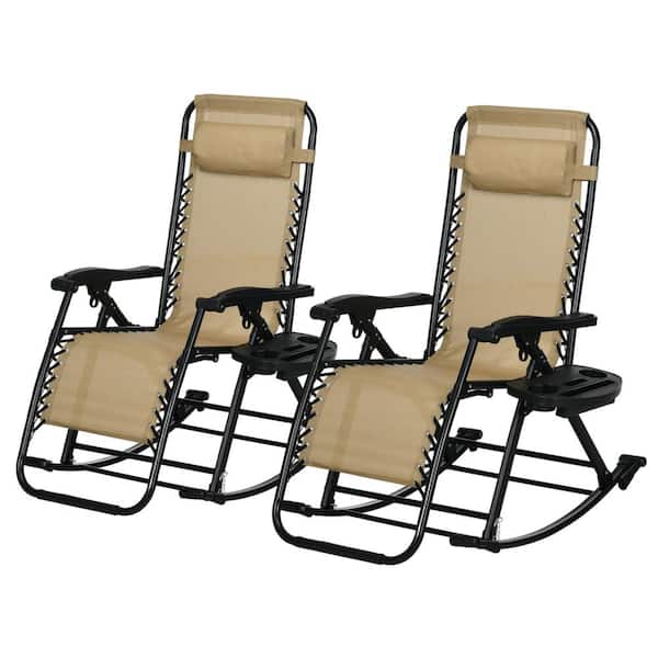 Unbranded 2-Pieces Metal Outdoor Rocking Chairs, Foldable Reclining Zero Gravity Lounge Rocker with Pillow, Cup & Phone Holder