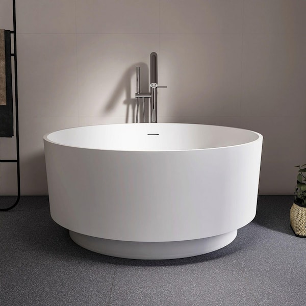 Moray 49 in. x 49 in. Round Solid Surface Stone Resin Flat Bottom Freestanding Soaking Bathtub in White
