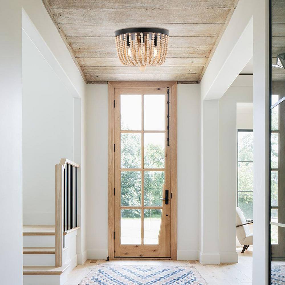 Bronze Bohemian Iron and Wood Bead LED Flush Mount Light