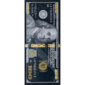 Money Dollar Front Novelty Printed Black Gold 3 ft. 3 in. x 7 ft. 10 in. Runner Area Rug