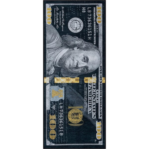 Money Dollar Front Novelty Printed Black Gold 3 ft. 3 in. x 7 ft. 10 in. Runner Area Rug