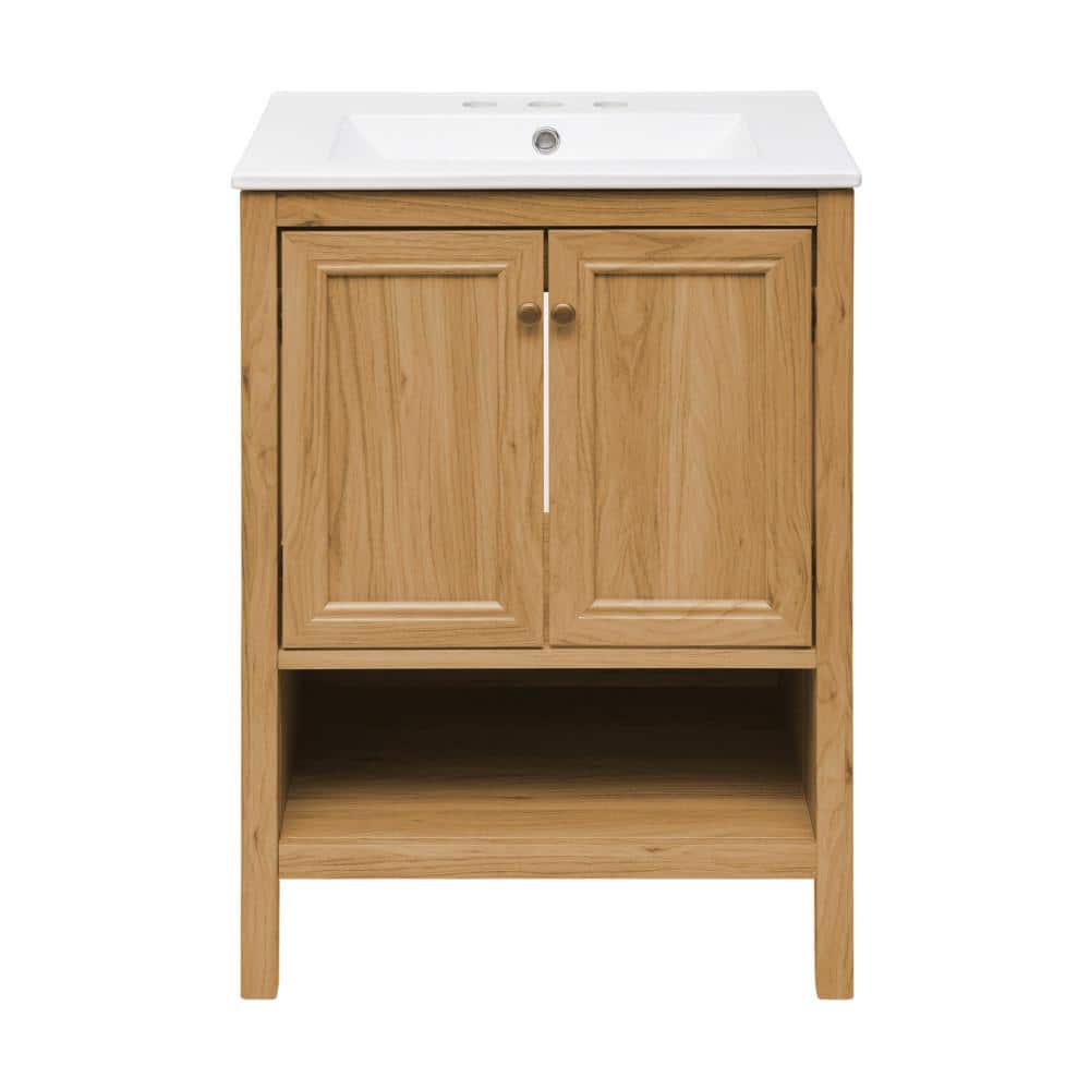 Natural Oak and White Ceramic Freestanding Bathroom Vanity