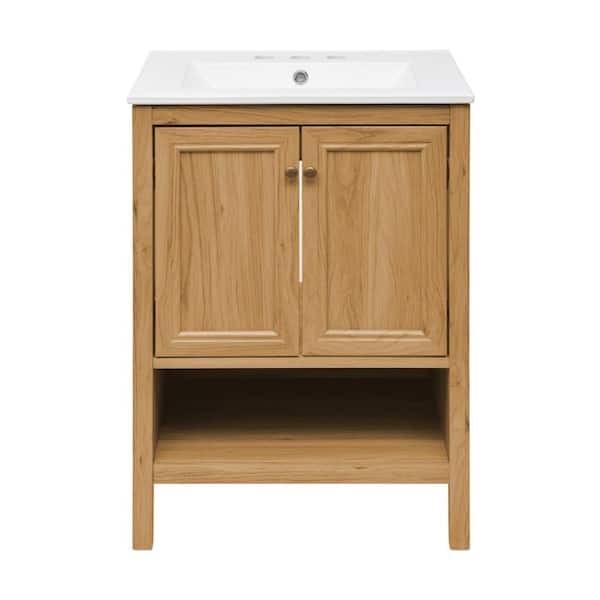 Swiss Madison Chateau 24 in. W Natural Oak Bathroom Vanity in White with 3-Hole Ceramic Sink Top