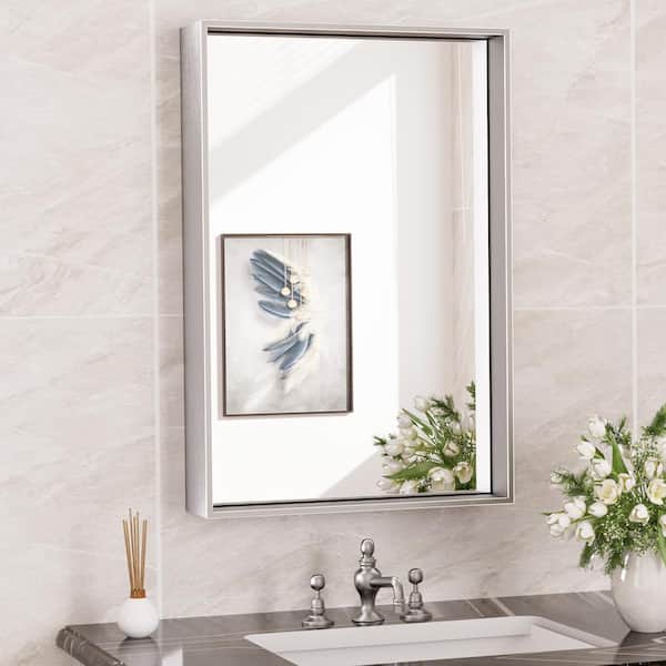 16 in. W x 24 in. H Rectangular Aluminum Square Corner Framed Wall Mount Bathroom Vanity Mirror in Brushed Silver