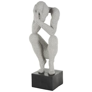 Gray Polystone Crouching People Sculpture with Black Square Base