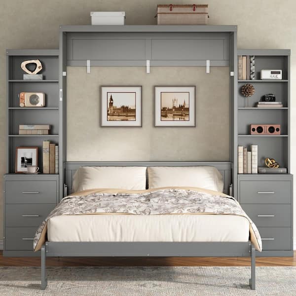 Gray Pine Wood Frame Queen Murphy Bed with Storage Shelves and Drawers