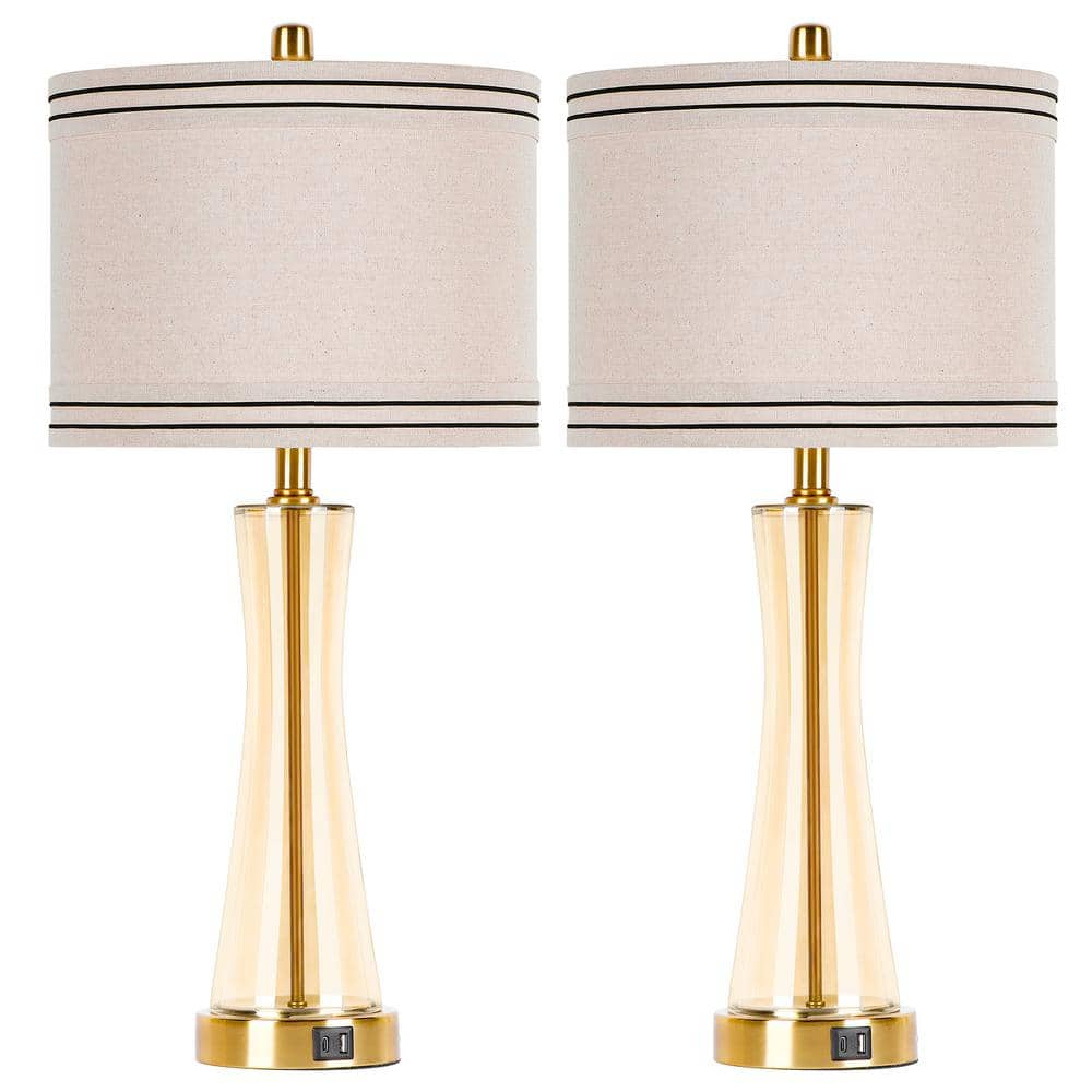 Myfoi 27.4  in.  Golden Glass Table Lamps Set (Set of 2) with USB Ports 3-Way Dimmable Touch Control Nightstand Lamp