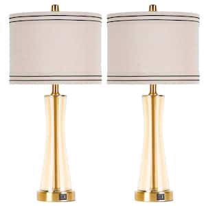 27.4  in.  Golden Glass Table Lamps Set (Set of 2) with USB Ports 3-Way Dimmable Touch Control Nightstand Lamp