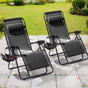 Black Zero Gravity Folding Chair Patio Recliner with Adjustable Headrest And Side Tray(Set of 2 Chairs)