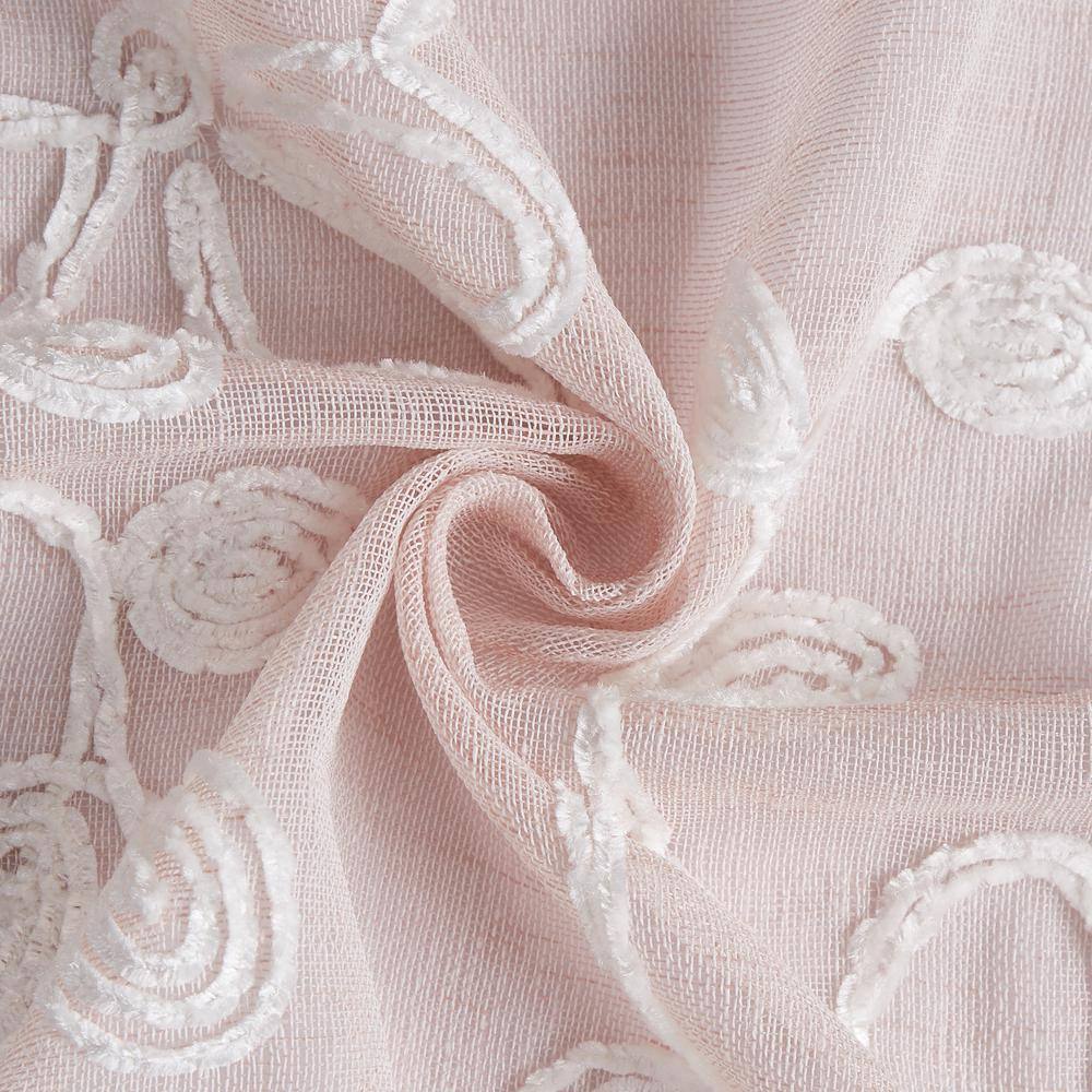 Blush Sheer Linen Grommet Window Panels with Floral Embroidery