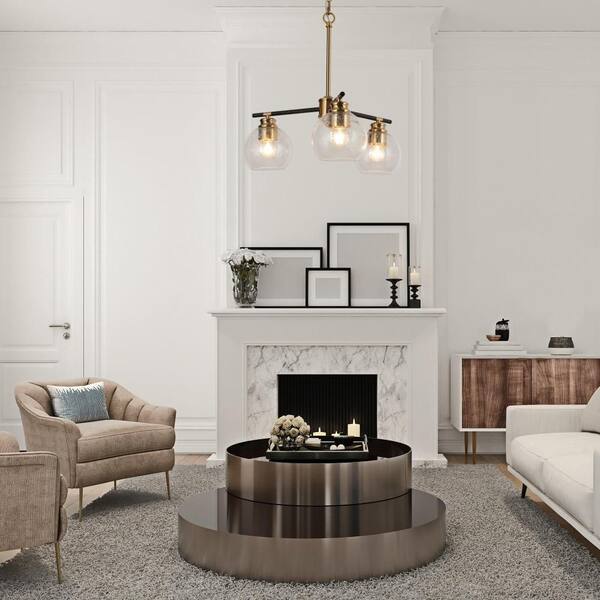 18 in. 3-Light Modern Polished Brass Chandelier, Black Kitchen Island Pendant Light, Seeded Glass Dining Room Chandelier