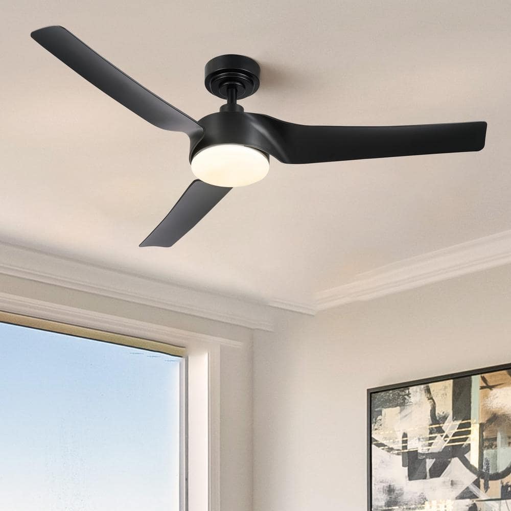 52" Black Matte Smart Ceiling Fan with Dimmable LED Light and Remote