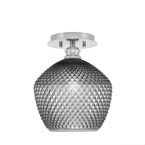 Unbranded Albany 1-Light 9 in. Brushed Nickel Semi-Flush with Smoke Textured Glass Shade