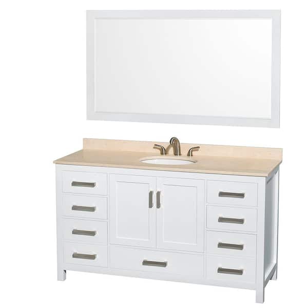 Wyndham Collection Sheffield 60 in. Vanity in White with Marble Vanity Top in Ivory and 58 in. Mirror