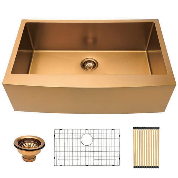Maincraft Gold Stainless Steel 30 in. Single Bowl Farmhouse Apron Kitchen Sink with Bottom Grid and Strainer