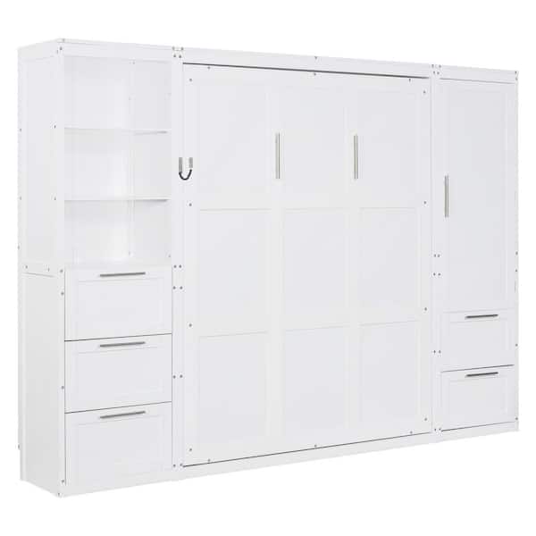 White Wood Frame Queen Size Murphy Bed with Closet, Drawers and Shelves