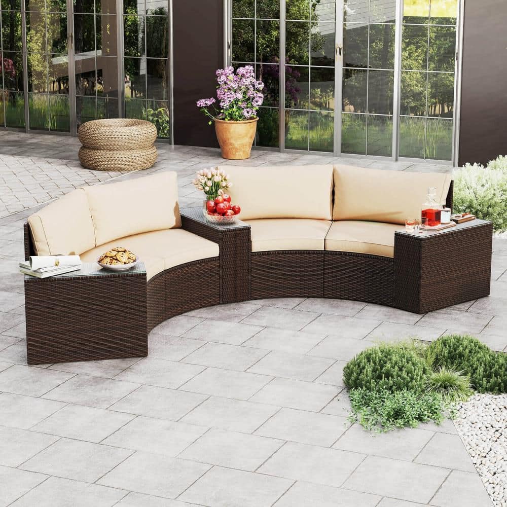 5-Piece Wicker Patio Conversation Set with Tempered Glass Top Side Tables Back and Seat Beige Cushions