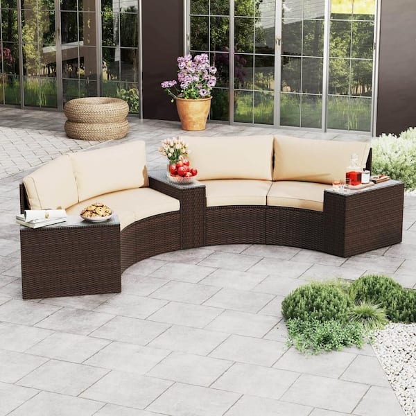 5-Piece Wicker Patio Conversation Set with Tempered Glass Top Side Tables Back and Seat Beige Cushions