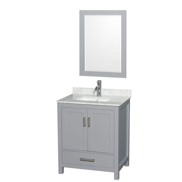 Wyndham Collection Sheffield 30 in. W x 22 in. D x 35.25 in. H Single Bath Vanity in Gray with White Carrara Marble Top and 24" Mirror